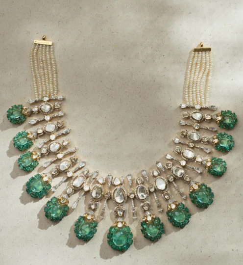 Emerald and kundan statement necklace with pearl strands