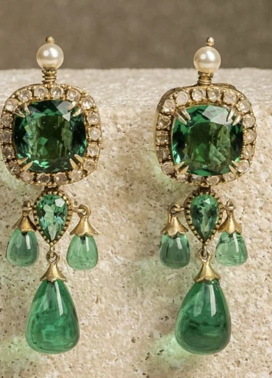 Emerald and pearl drop earrings in an Indian jewellery setting
