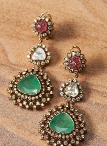 Emerald and pink stone statement earrings