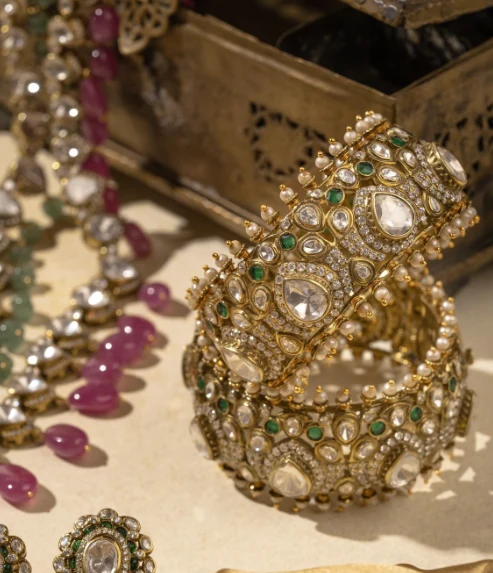 Heritage kundan and emerald bangle stack